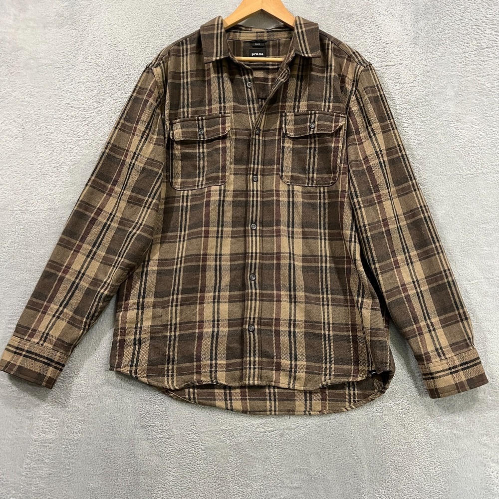 PrAna Flannel Shirt Mens Large Slim Fit Cowboy Western Plaid Hiking Camp